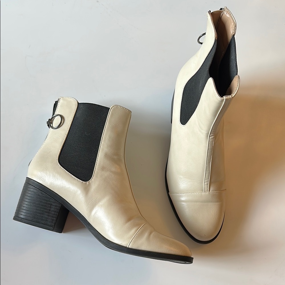 Cream and Black Chelsea Ankle Boots with Block Heel